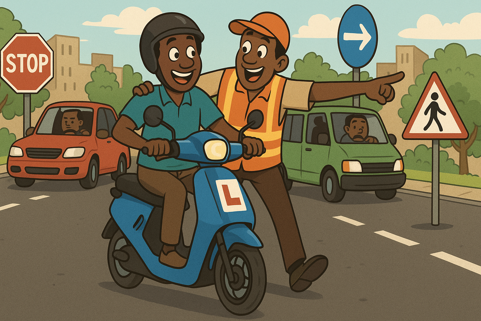 A person confidently learning to ride an electric motorbike with an instructor.